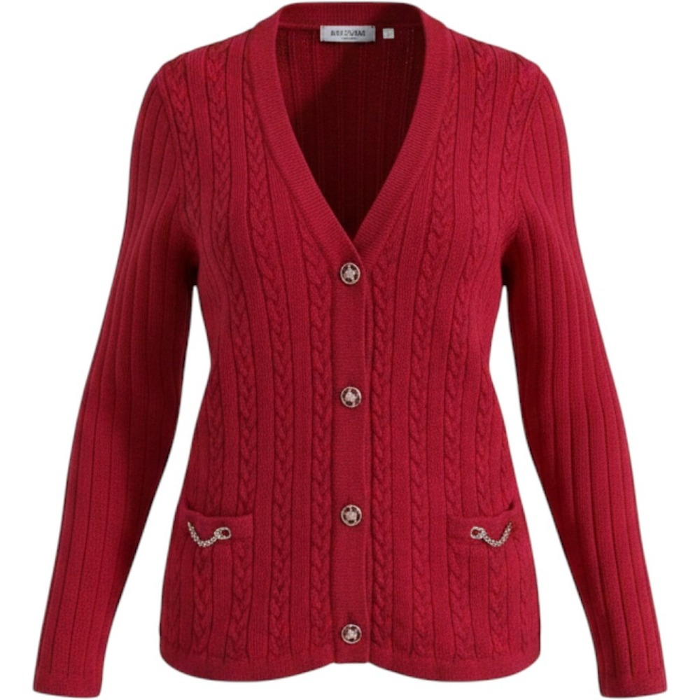 Vintage 1970s Celine Wool Cardigan Red Cable Knit Logo Chain Pockets